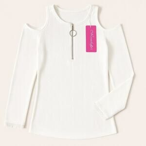 NEW Mandefeis White Cold Shoulder Zip Front Long Sleeve Lace Cuff Top Medium